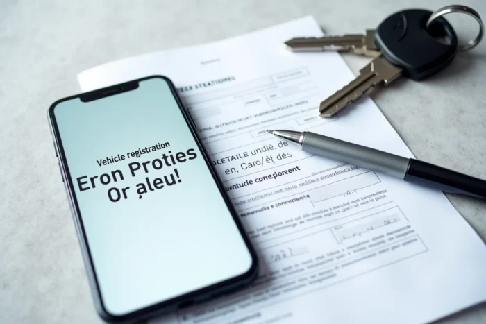 Vue de dessus d'un smartphone affichant la confirmation de changement d'adresse de carte grise en ligne avec des clés de voiture