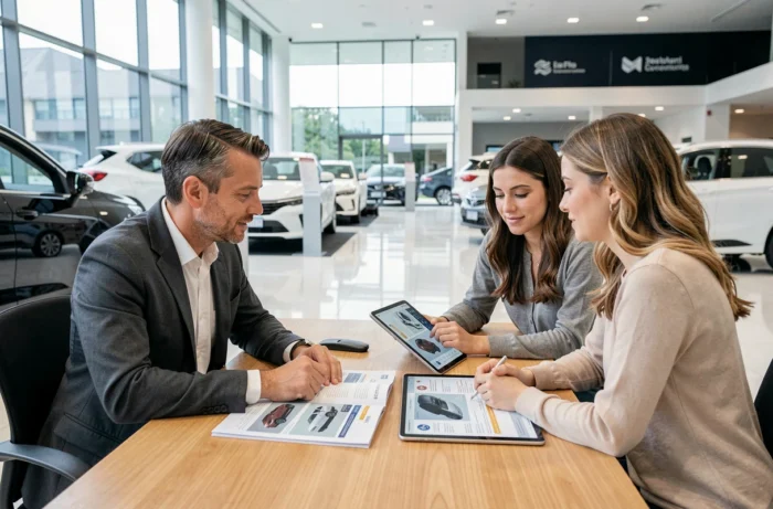Couple en discussion avec un conseiller automobile dans un showroom moderne pour choisir un véhicule