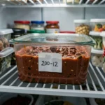 Boîte en verre hermétique de sauce bolognaise maison conservée dans le réfrigérateur avec une étiquette de date faite maison