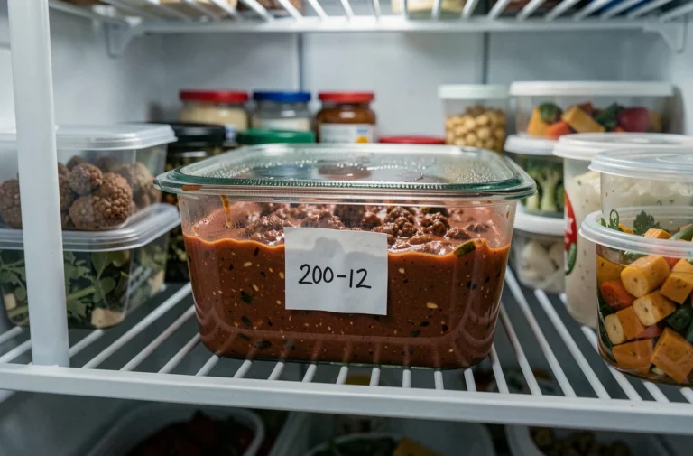 Boîte en verre hermétique de sauce bolognaise maison conservée dans le réfrigérateur avec une étiquette de date faite maison