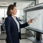 Consultante en gestion externalisée analysant des graphiques de performance financière sur un écran dans un bureau moderne
