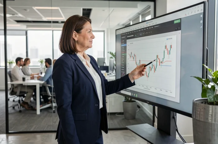 Consultante en gestion externalisée analysant des graphiques de performance financière sur un écran dans un bureau moderne