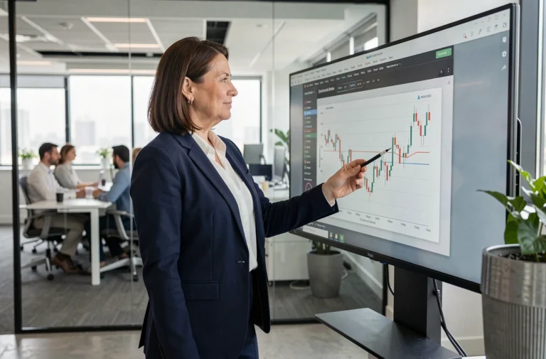 Consultante en gestion externalisée analysant des graphiques de performance financière sur un écran dans un bureau moderne