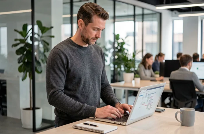 Homme consultant la carte du site Esprits Public sur un ordinateur portable dans un bureau en open space