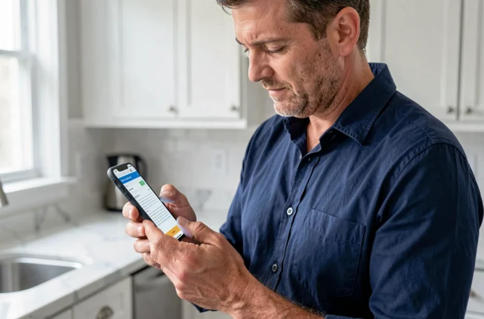 Homme consultant ses documents locatifs sur smartphone via l'espace client MyFoncia dans une cuisine moderne