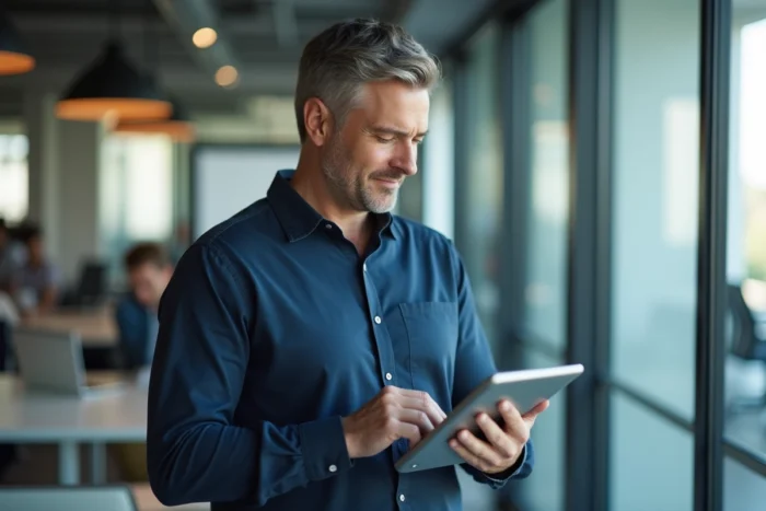 Homme consultant ses documents numériques sur une tablette après un changement d'employeur dans un open space
