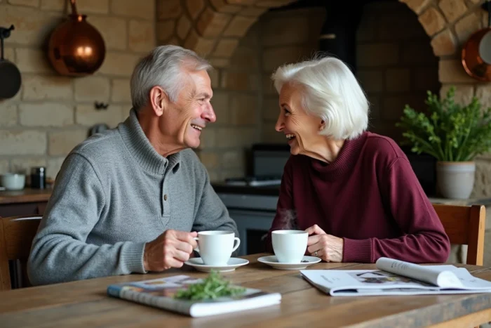 Couple partageant un café dans une cuisine rustique de campagne française, évoquant une vie amoureuse intime et inspirante