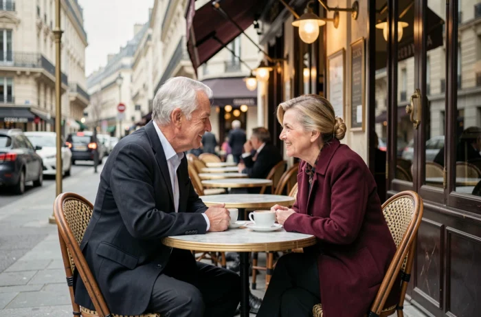 Couple discret attablé en terrasse d'un café parisien, échangeant des regards complices dans une atmosphère intime et élégante
