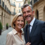 Couple élégant dans une cour parisienne illustrant la vie privée et le mariage d'Alain Bauer