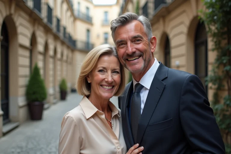 Couple élégant dans une cour parisienne illustrant la vie privée et le mariage d'Alain Bauer