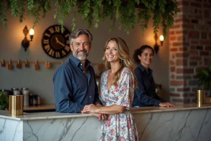 Couple en train de s'enregistrer à la réception d'un hôtel boutique lors d'un voyage