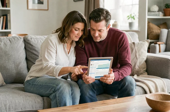 Couple consultant ensemble l'espace client MyFoncia sur une tablette dans leur salon pour gérer leurs documents locatifs