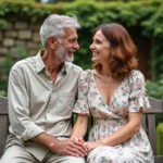 Couple discret et complice assis dans un jardin fleuri à la française, illustrant une belle histoire d'amour durable