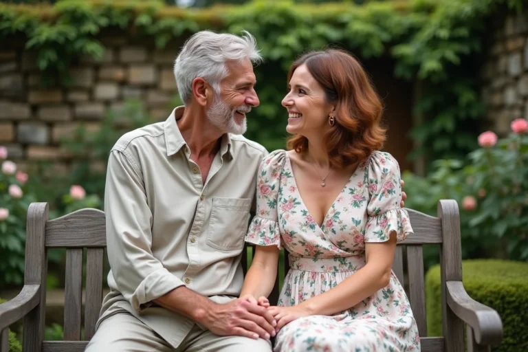 Couple discret et complice assis dans un jardin fleuri à la française, illustrant une belle histoire d'amour durable