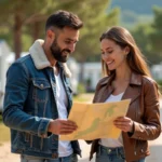 Couple de motards consultant une carte devant un bungalow de camping près de Montalivet pendant le Show Bike