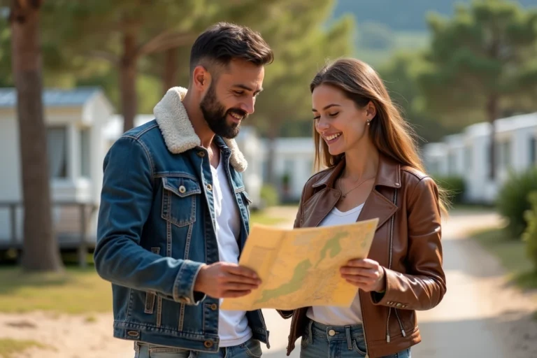 Couple de motards consultant une carte devant un bungalow de camping près de Montalivet pendant le Show Bike