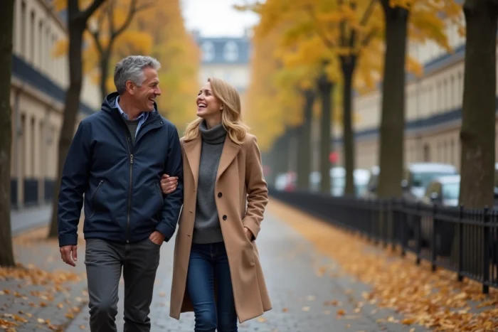 Couple heureux se promenant dans une rue parisienne en automne, évoquant la complicité et la vie de couple d'un humoriste célèbre