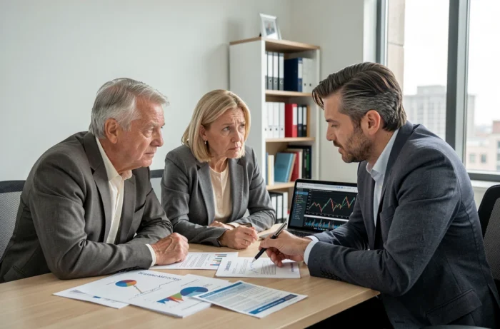 Couple de retraités consultant un conseiller financier pour faire face à une réduction de leurs pensions en 2026