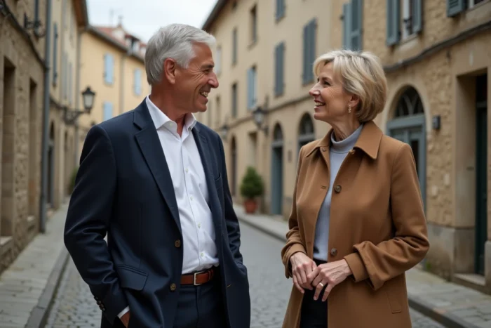 Couple élégant en promenade dans un village français, symbole d'une relation amoureuse complice et discrète