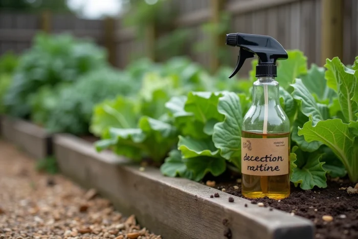 Potager ordonné avec un spray de décoction naturelle posé sur un bac surélevé en bois pour traiter les chenilles vertes