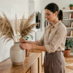 Femme arrangeant des tiges de pampa dans un vase en céramique dans un salon de style scandinave épuré