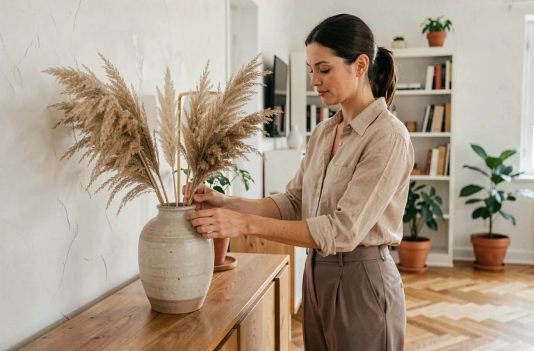 Femme arrangeant des tiges de pampa dans un vase en céramique dans un salon de style scandinave épuré