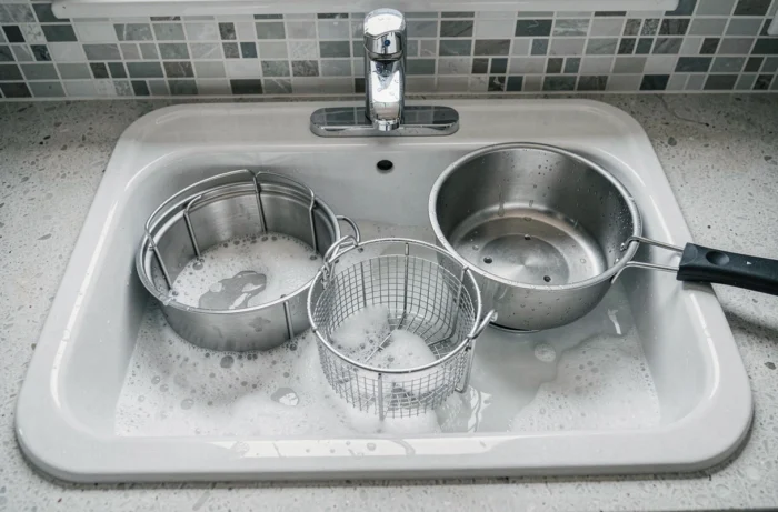 Pièces démontées d'une friteuse électrique immergées dans un évier rempli d'eau savonneuse pour nettoyage