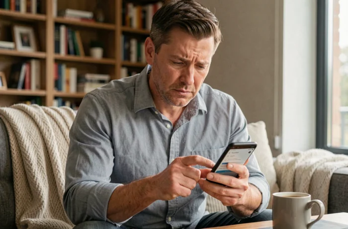 Homme tentant de réparer son smartphone Android en panne depuis son canapé à domicile