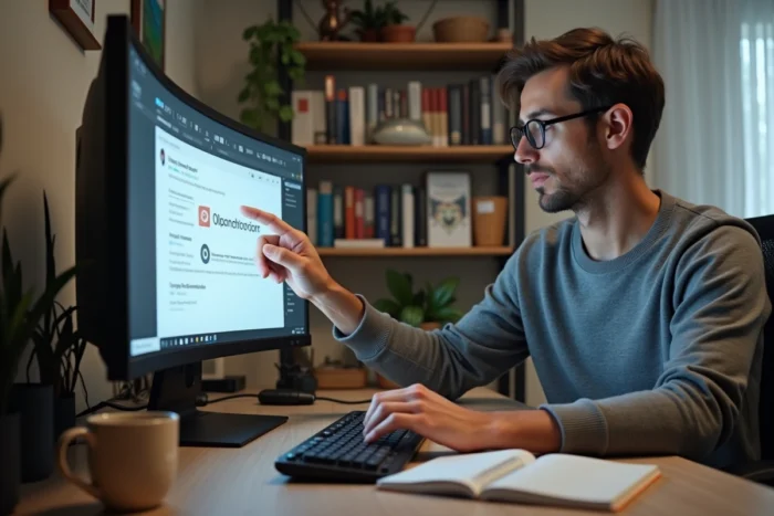 Homme identifiant un email de phishing sur son ordinateur de bureau à domicile en sécurisant sa messagerie Versailles