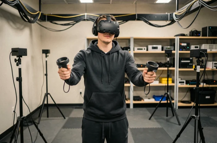 Jeune développeur testant une expérience de réalité virtuelle dans un laboratoire technologique spécialisé