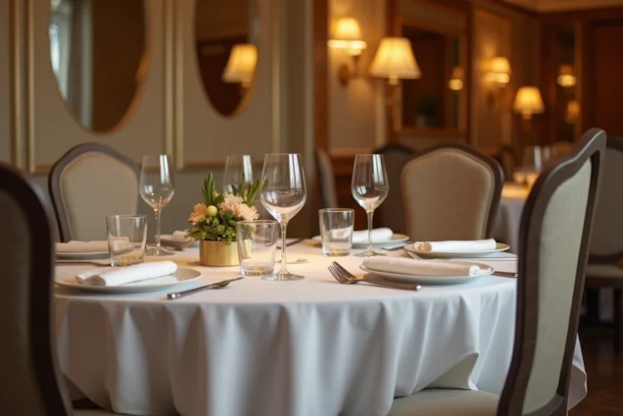 Table de restaurant gastronomique dressée pour deux évoquant un dîner privé en couple