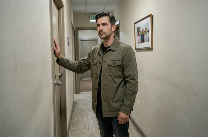 Homme adulte devant une porte fermée dans un couloir, illustrant la distance choisie vis-à-vis de la famille