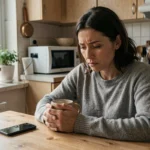 Femme adulte seule à table regardant un téléphone silencieux, symbolisant la rupture émotionnelle avec ses parents