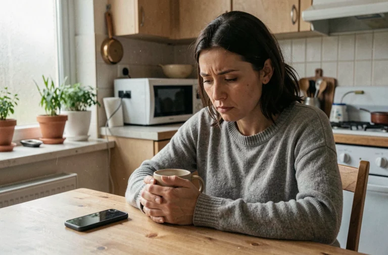 Femme adulte seule à table regardant un téléphone silencieux, symbolisant la rupture émotionnelle avec ses parents