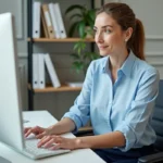 Enseignante utilisant l'intranet de l'académie d'Amiens sur un ordinateur de bureau dans une salle administrative