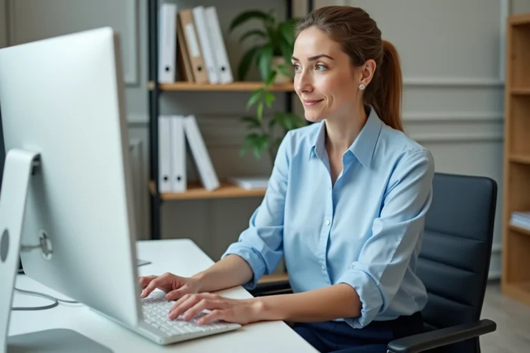 Enseignante utilisant l'intranet de l'académie d'Amiens sur un ordinateur de bureau dans une salle administrative