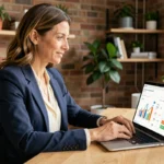 Femme entrepreneur analysant des indicateurs clés de performance et des chiffres d'abonnement sur un ordinateur portable dans un bureau moderne