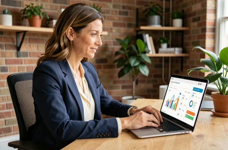 Femme entrepreneur analysant des indicateurs clés de performance et des chiffres d'abonnement sur un ordinateur portable dans un bureau moderne