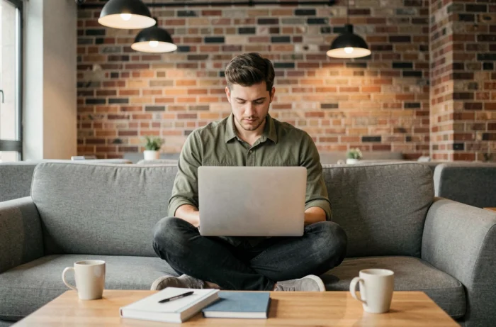 Jeune entrepreneur travaillant sur son ordinateur portable dans un espace de coworking pour optimiser son activité grâce aux outils numériques