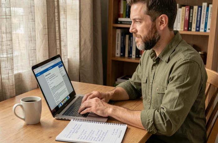 Entrepreneur masculin téléchargeant et complétant un modèle de business plan en PDF depuis chez lui