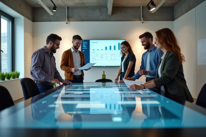 Équipe de professionnels collaborant autour d'une table numérique pour centraliser leurs projets en entreprise