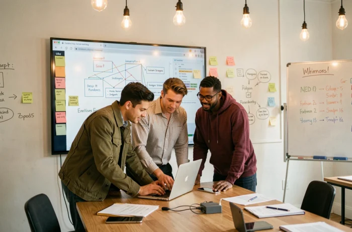 Équipe de jeunes professionnels collaborant sur des innovations et nouvelles fonctionnalités prévues pour 2026