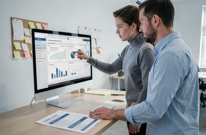 Deux associés collaborant sur les étapes de création d'un business plan affiché en PDF sur écran de bureau