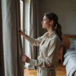 Femme évaluant l'épaisseur et la densité d'un rideau occultant gris anthracite dans une chambre moderne