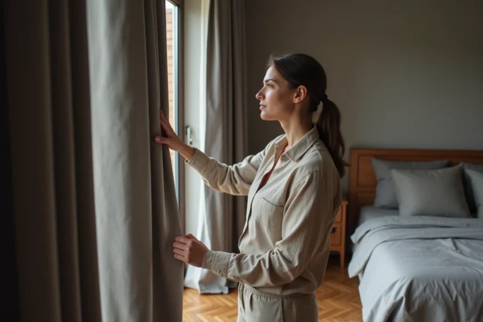 Femme évaluant l'épaisseur et la densité d'un rideau occultant gris anthracite dans une chambre moderne