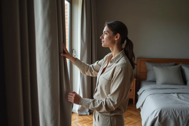 Femme évaluant l'épaisseur et la densité d'un rideau occultant gris anthracite dans une chambre moderne