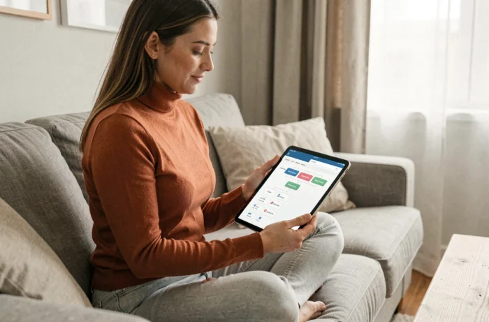 Jeune femme explorant la carte du site Esprits Public sur une tablette depuis son canapé