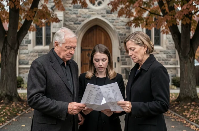 Famille consultant le programme musical d'un enterrement devant une chapelle en automne