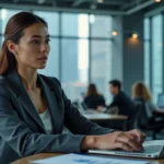 Femme d'affaires analysant des données économiques et tendances financières sur un ordinateur portable dans un bureau moderne en open space