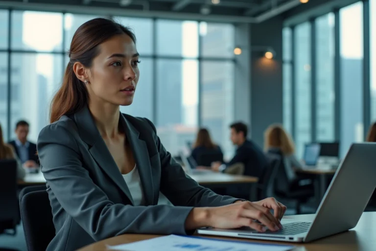 Femme d'affaires analysant des données économiques et tendances financières sur un ordinateur portable dans un bureau moderne en open space